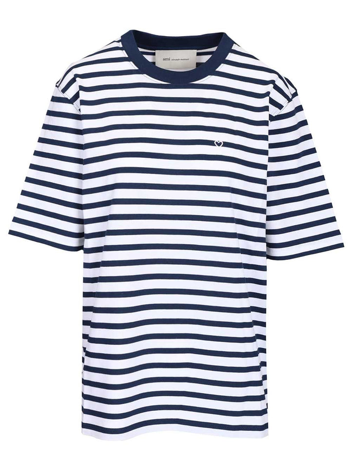 Ami Quota -Short Sleeves Boxy Fit Mariniere Teeshirt With Ami De Coeur Patch T-Shirt - Blue | f45ab0c95bc7e59a82ccd9e6a7478fa6a97e831b