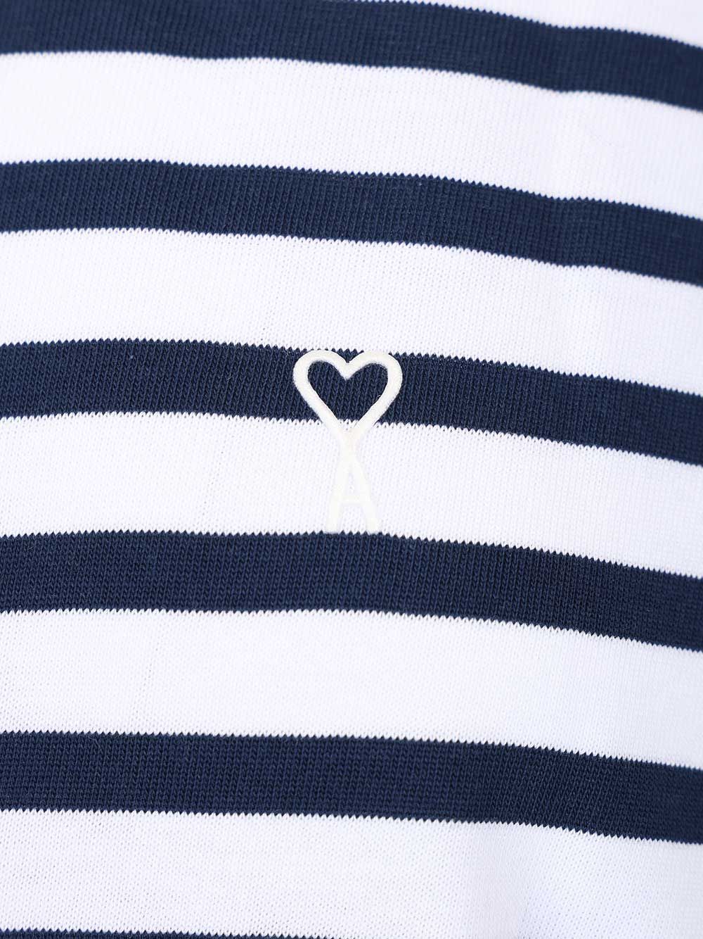Ami Quota -Short Sleeves Boxy Fit Mariniere Teeshirt With Ami De Coeur Patch T-Shirt - Blue | 6a351ca5ef292aae6afbc3815c825dc01d636cd7