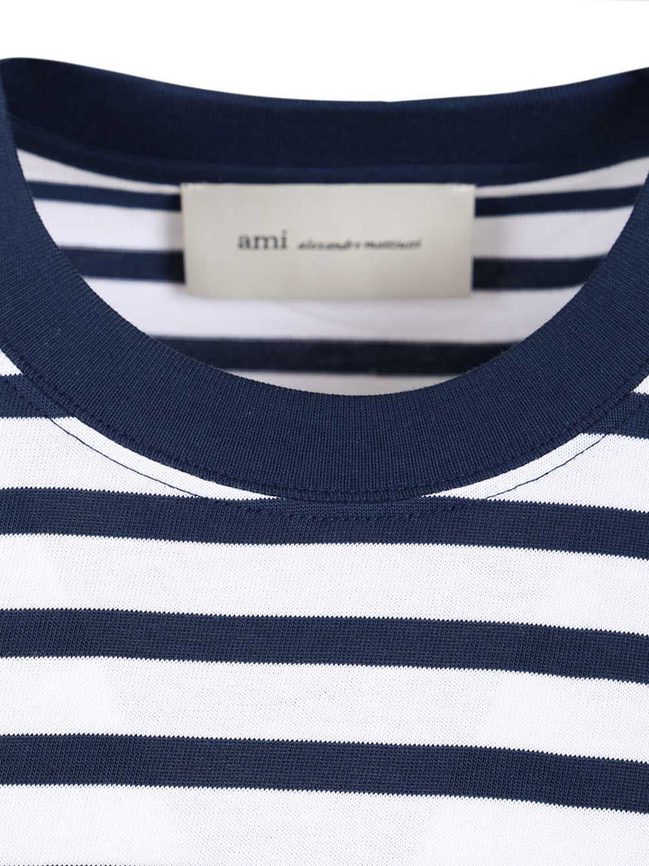 Ami Quota -Short Sleeves Boxy Fit Mariniere Teeshirt With Ami De Coeur Patch T-Shirt - Blue | 2e58597182f4099c35cd8e9bfd5bff4decb14963