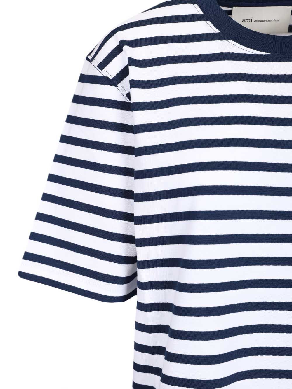 Ami Quota -Short Sleeves Boxy Fit Mariniere Teeshirt With Ami De Coeur Patch T-Shirt - Blue | de44042b84160af62d957dcdad6f0bf9041c0645