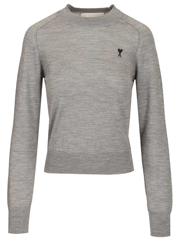 Ami Quota -Crewneck Sweater With Contrasted Ami De Coeur Knitwear - Grey | fd6673c4bcb11242587c25d618b7144312c0efab