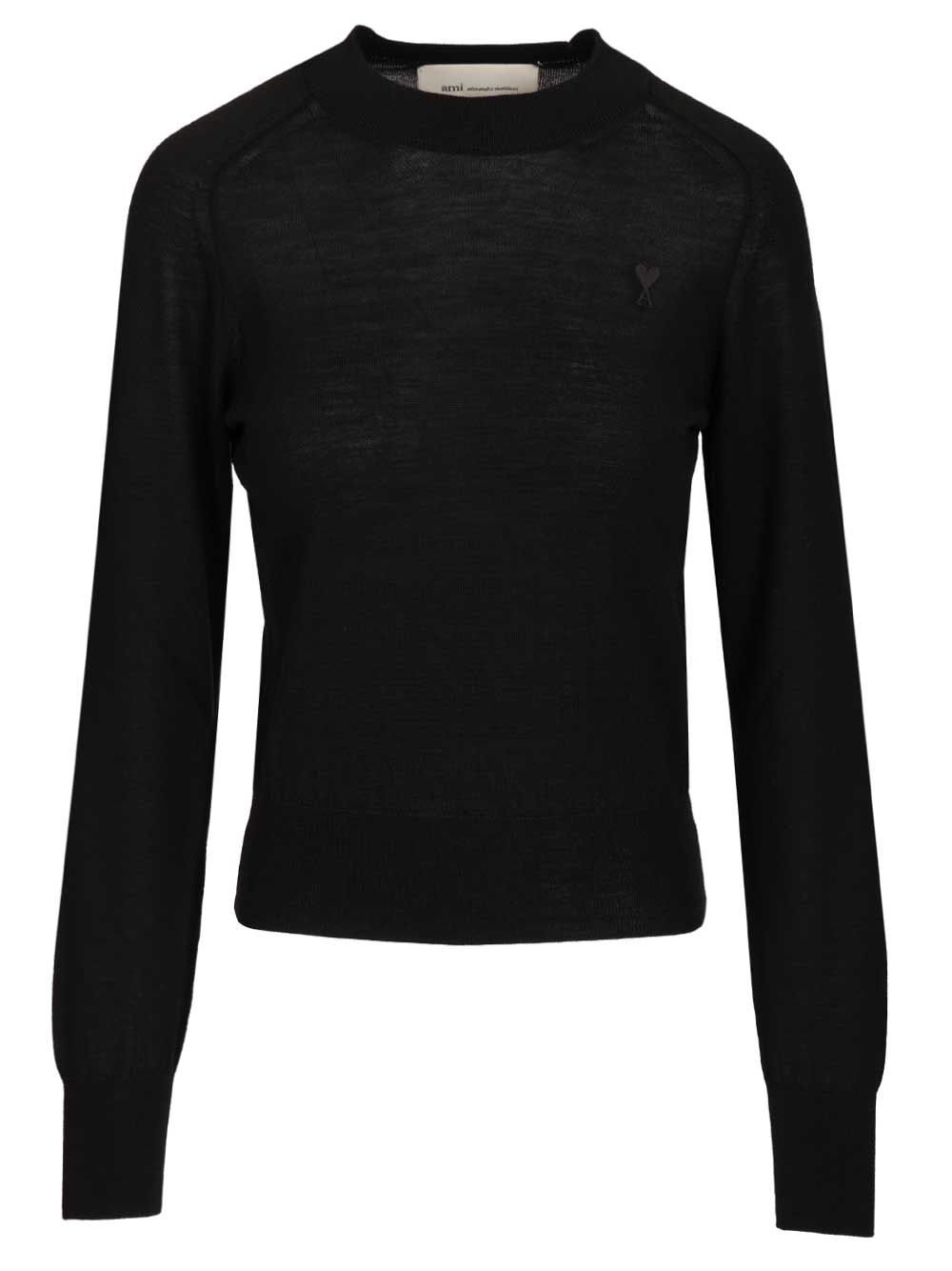 Ami Quota -Crewneck Sweater With Contrasted Ami De Coeur Knitwear - Black | 1eb9be6a291b0cd1a85d5fba039ceaf37ef60e97