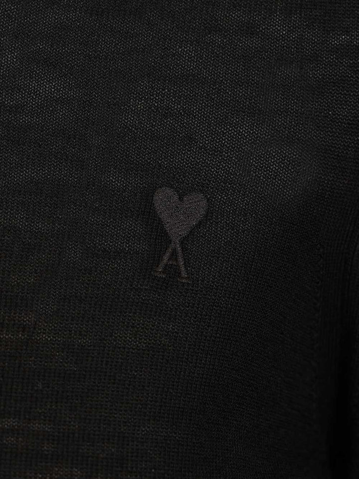 Ami Quota -Crewneck Sweater With Contrasted Ami De Coeur Knitwear - Black | 1fe717917082012f2324928154fdc138e3d3be50