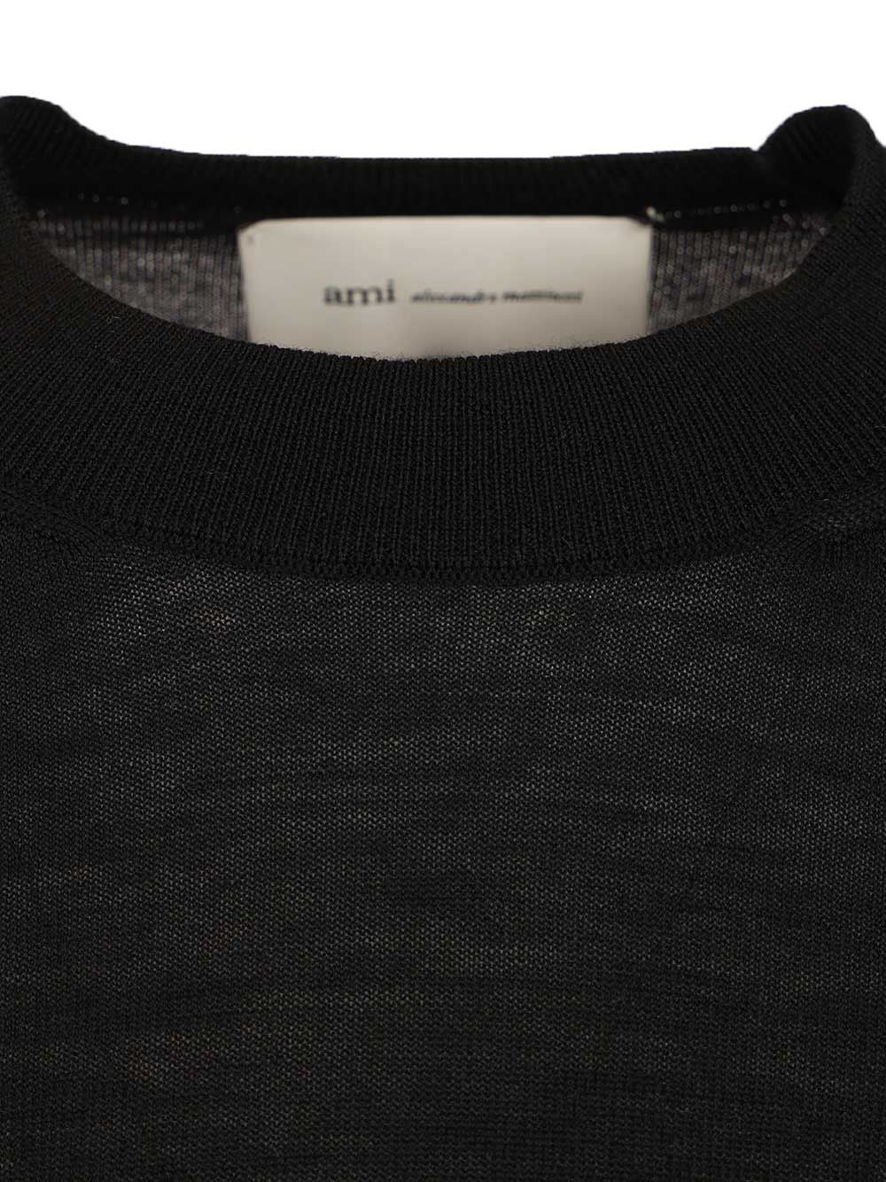 Ami Quota -Crewneck Sweater With Contrasted Ami De Coeur Knitwear - Black | 5859477040ad59e96bea5cb2828da74e26d65b68