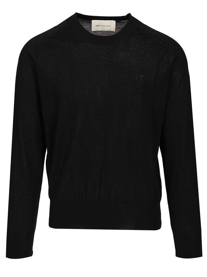 Ami Quota -Crewneck Sweater With Contrasted Ami De Coeur Exrafine Merino Wool Knitwear - Black | 5077fe3e3f0110edb7bfb3395fcf1c4ff21f349a