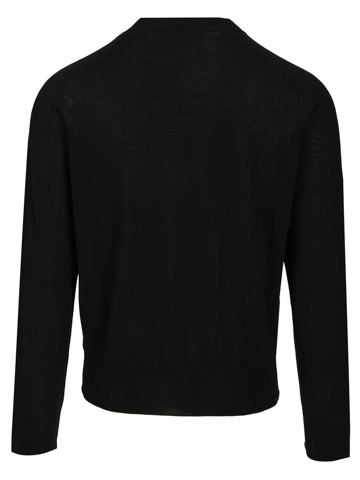 Ami Quota -Crewneck Sweater With Contrasted Ami De Coeur Exrafine Merino Wool Knitwear - Black | 86c8a9744bdf591c12299a0ac430265f277545ed