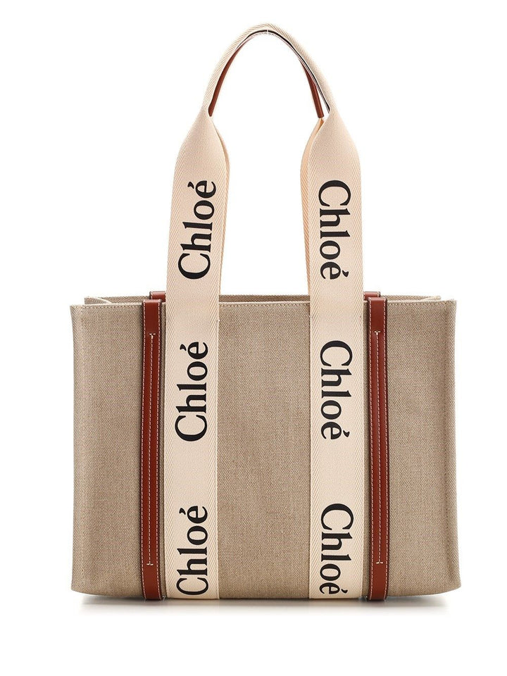 Chloe' Woody Linen Tote Bag Shoulder Bags - White | 8fff9e42b28326495c7105049aabc0fd0f044347