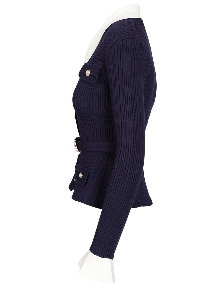Self-Portrait Ribbed Cardigan Knitwear - Blue | 7095d11a1adac9f82d86db8701c9674c0bf3eb1b