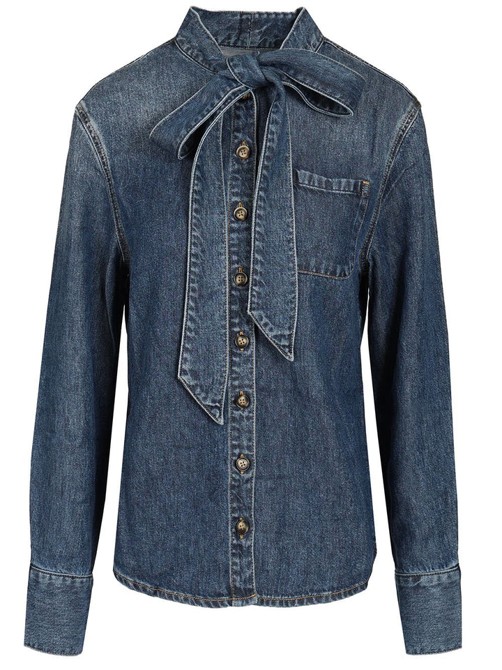 Self-Portrait Shirt With Bow Shirts - Blue | 981620302494e3de98516395856bb413b6dcb8f5