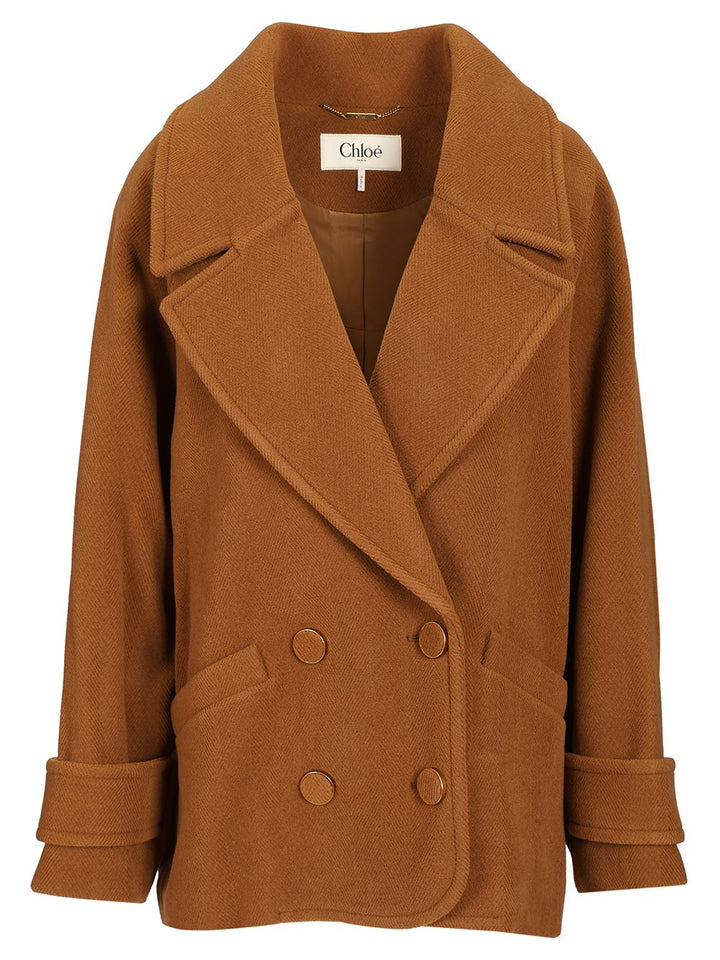 Chloe' Short Double-Breasted Wool Coat With Herringbone Pattern Jackets - Brown | d120e2bf7ae74db9dc8567ba62098ceddc53c8f8