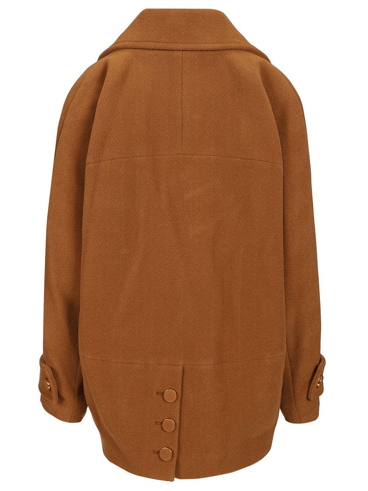 Chloe' Short Double-Breasted Wool Coat With Herringbone Pattern Jackets - Brown | 01ccf57124f20273f0cce5fef5e1a107704fd000