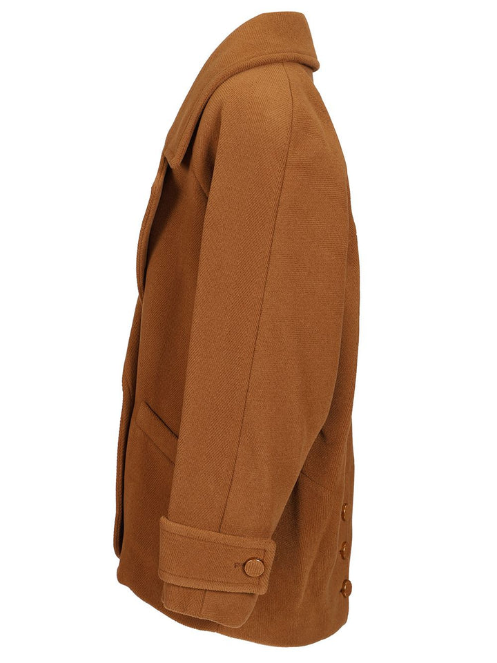 Chloe' Short Double-Breasted Wool Coat With Herringbone Pattern Jackets - Brown | e6e75e628f9384bf181582157f188add641eb950