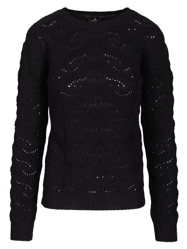 Open Work Crewneck Wool Sweater Knitwear Blue