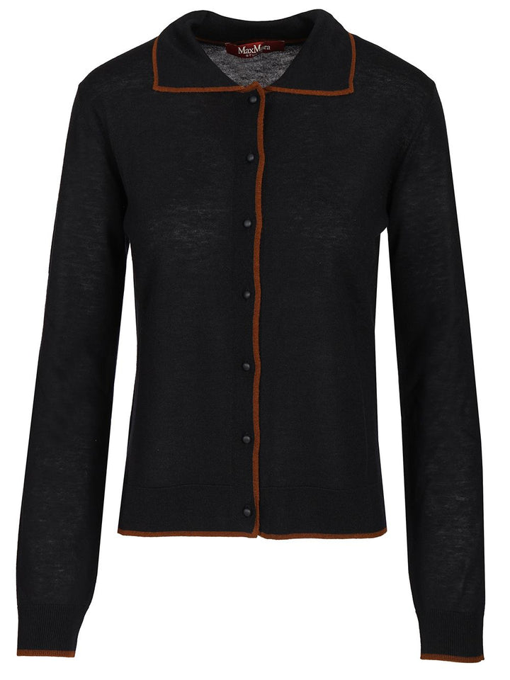 Max Mara Studio Targa Silk Wool Polo Cardigan Contrast Piping Knitwear - Blue | d6dea450547ffcfe25c013dd6ab143e3888b40d6