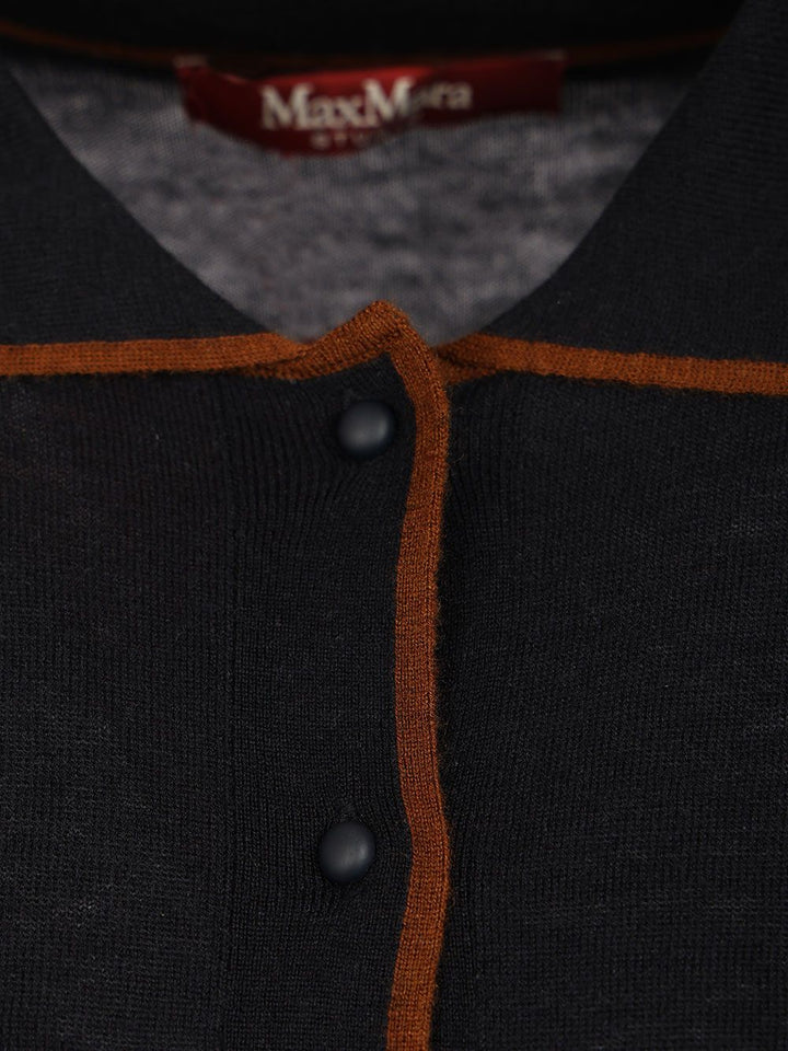 Max Mara Studio Targa Silk Wool Polo Cardigan Contrast Piping Knitwear - Blue | 24e6f552a3fc41fbdddafc3879f7aee958076a4c