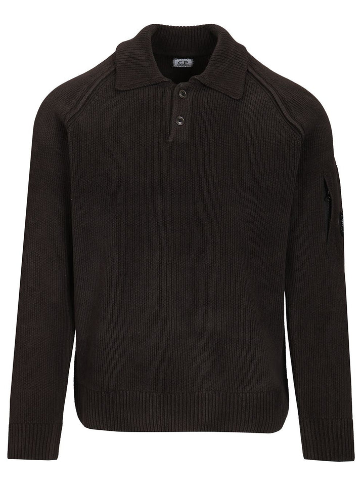 C.P. Company Polo Sweater Made Of Cotton Chenille Knitwear - Black | 92df217b3bc304c12bae1ec3063cddd8782f88ba