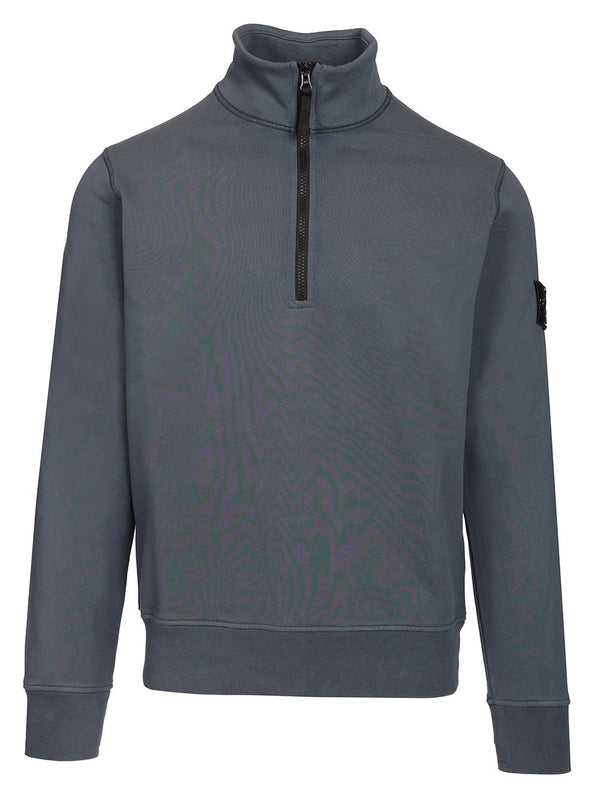 Organic Cotton Sweatshirt With Short Zip Knitwear Blue