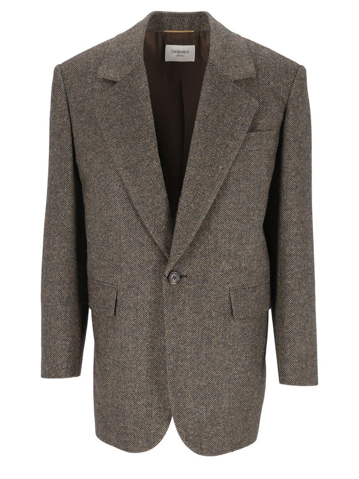 Saint Laurent Herringbone Wool Jacket Jackets - Brown | 5946ec580d410249899175e61388ac38b65d79e2