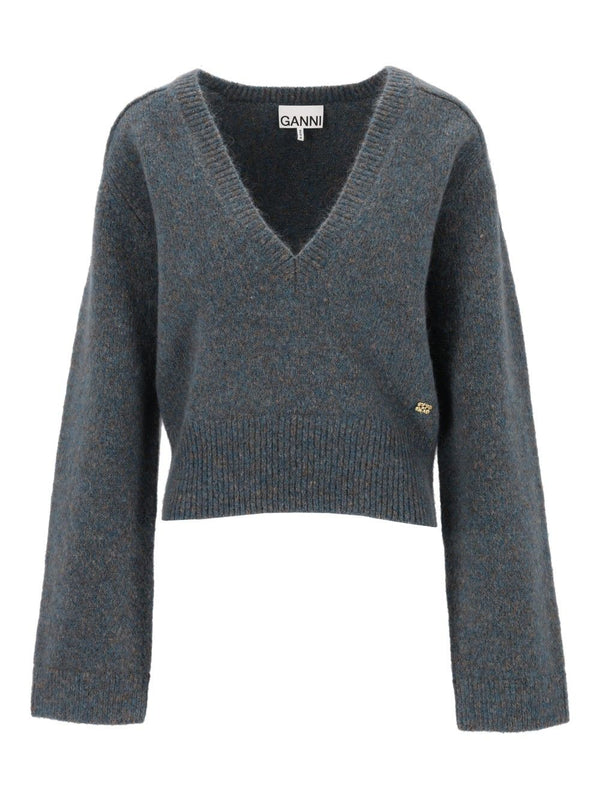 Melange Mohair Deep V-Neck Knitwear Blue