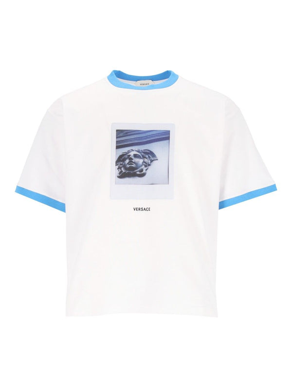 Cotton Jersey With Medusa Polaroid Print And Versace Logo Embroidery T-Shirt White