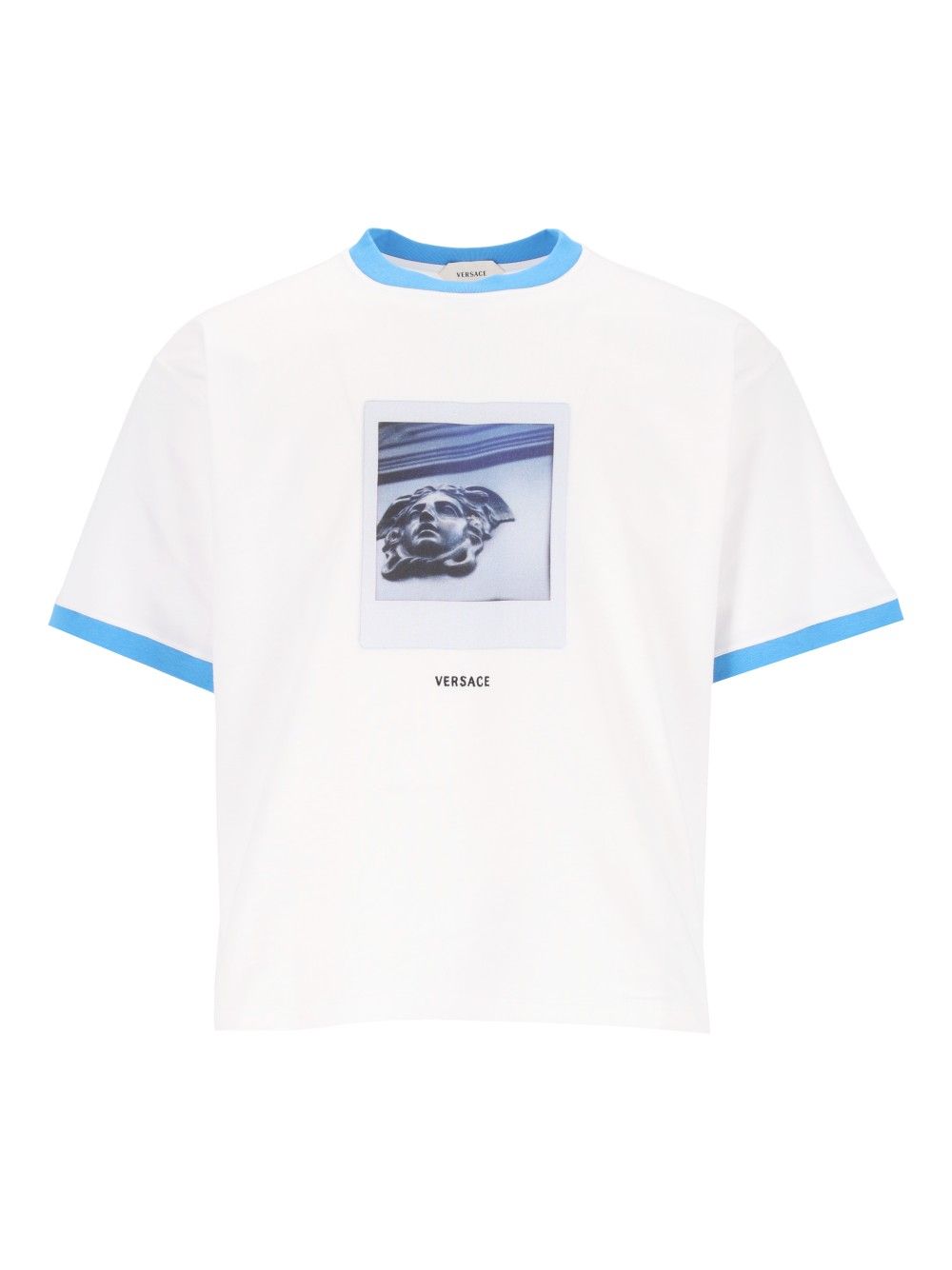Versace Cotton Jersey With Medusa Polaroid Print And Versace Logo Embroidery T-Shirt - White | 819420661f25cc9fc46fcc7edbe506982e6d8d76