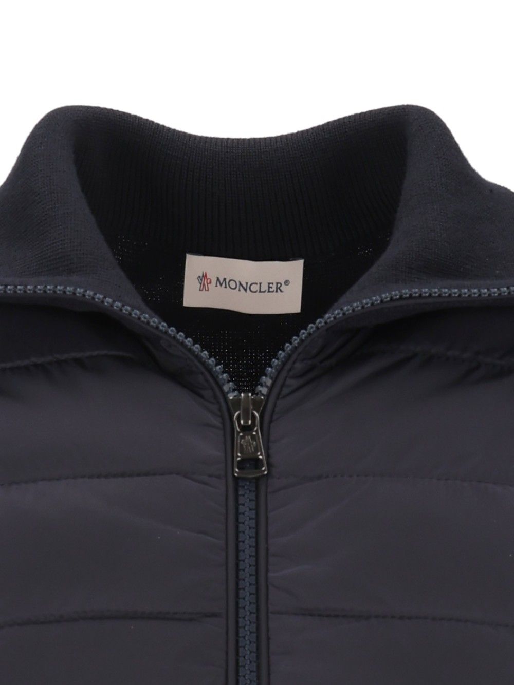 Moncler Quilted Jacket With Zip Knitwear - Blue | 2821340f3b573315707d9fb53e1e5c0ea8a5a1d0