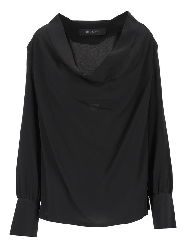 Blusa Escote Suave Y Profundo Mezcla Seda Tops Negro