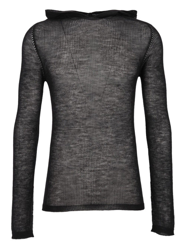 Sheer Hooded Long Sleeve Ribbed Lightweight Cashmere Knit Knitwear Black