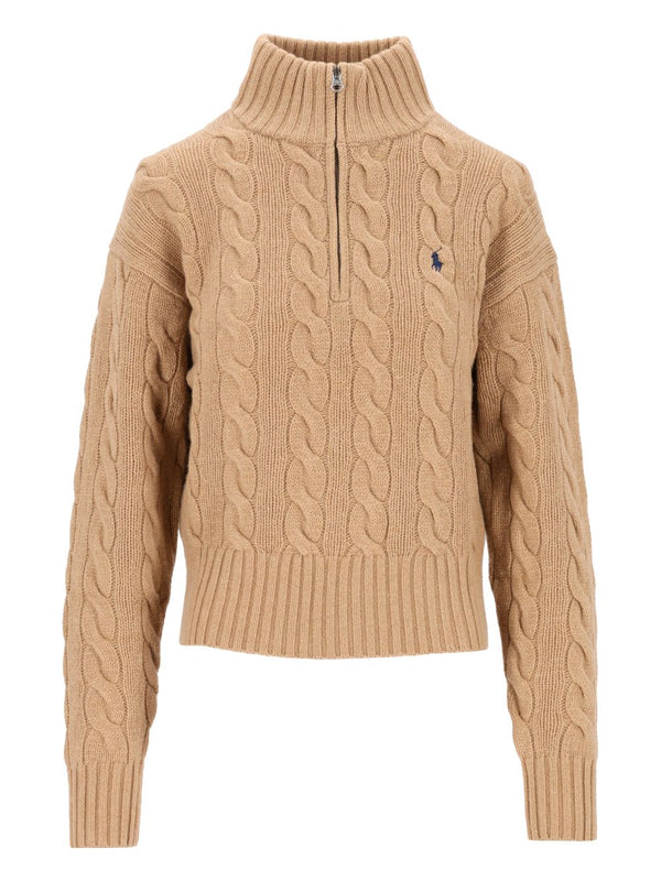 Cable-Knit Half-Zip Sweater Knitwear Beige