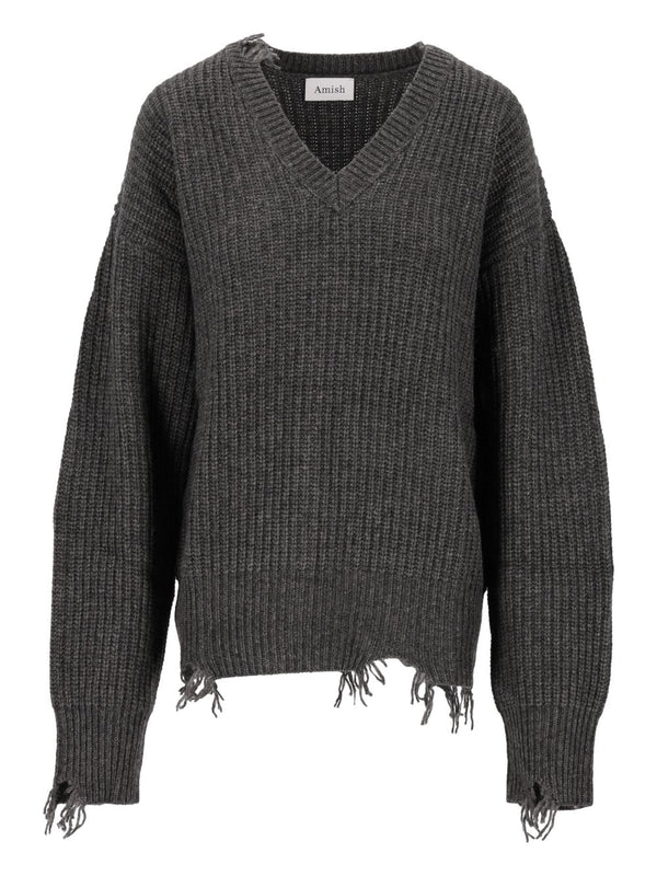 Mg) Lounge V Neck Woman Amish Distressed Yarn . Knitwear Grey