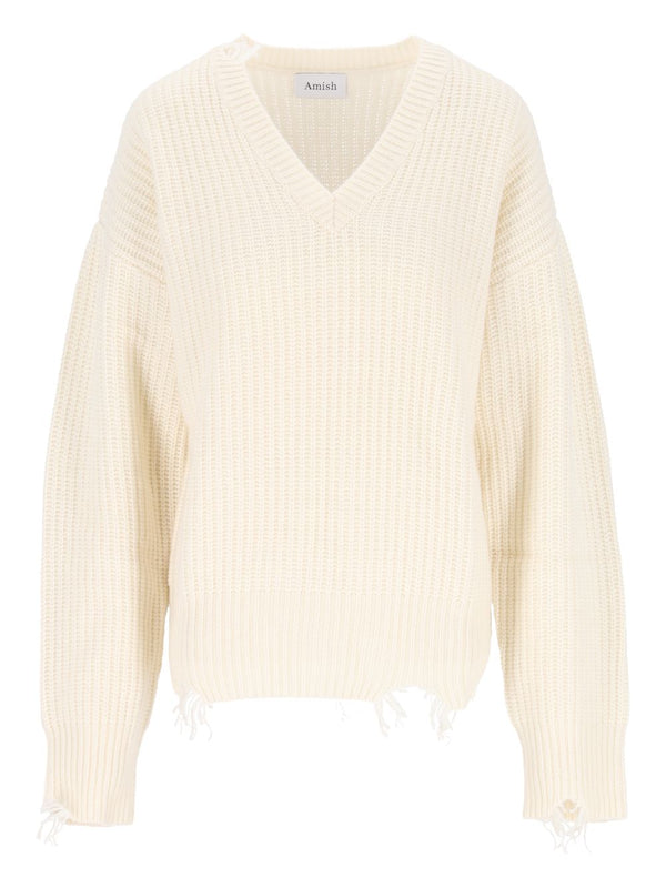 Mg) Lounge V Neck Woman Amish Distressed Yarn . Knitwear White