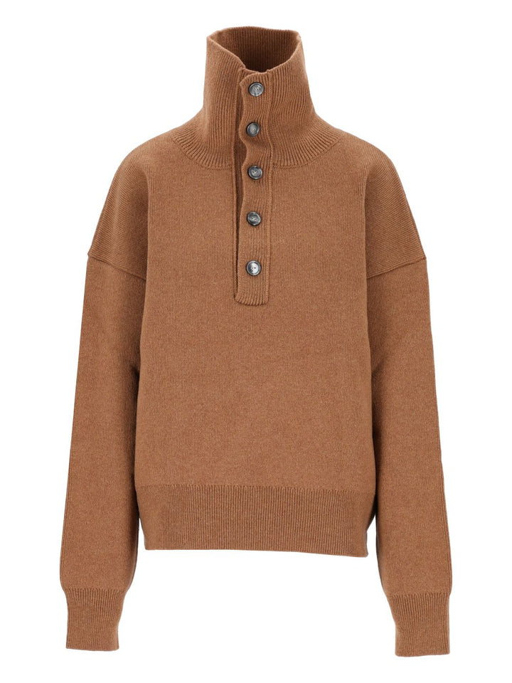 Ami Wool Sweater With Buttoned Collar Knitwear - Brown | 3760d63b8be595b2e8272d315ffb35caa110ab90