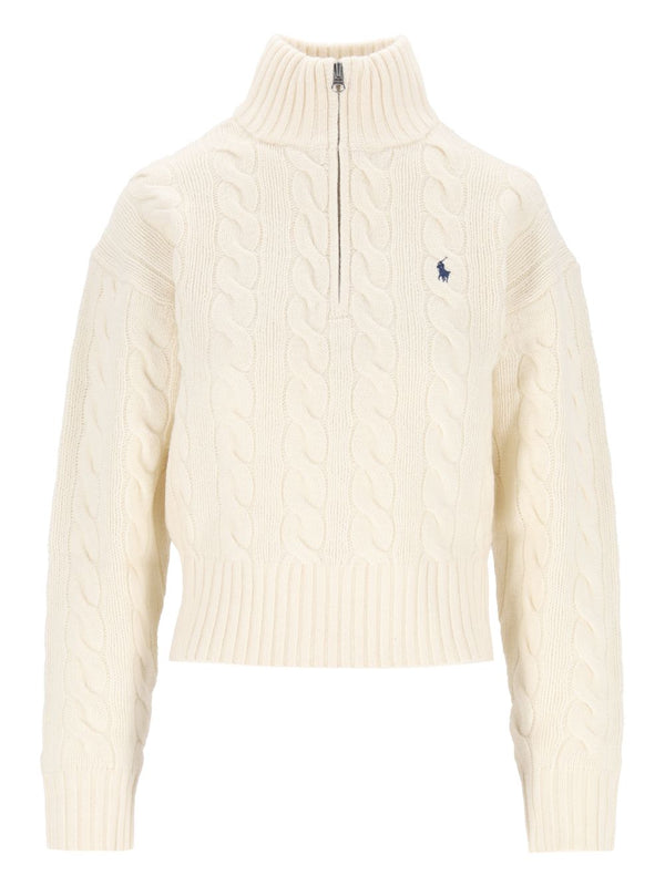 Cable-Knit Half-Zip Sweater Knitwear Beige