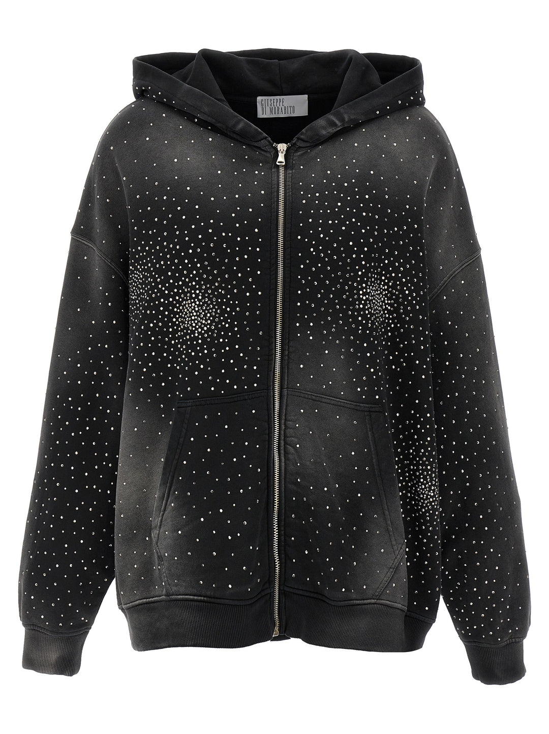 Washed Rhinestone Hoodie Sweatshirt Black