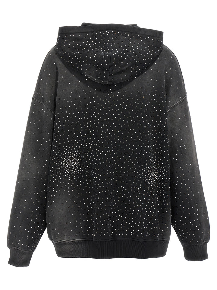 Washed Rhinestone Hoodie Sweatshirt Black