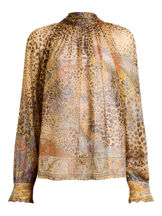 Silk Chiffon Blouse With Scarf And Animal Paisley Pattern