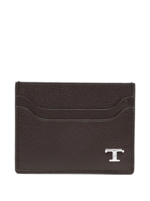 Grained Leather Cardholder With Metal T Timeless Logo