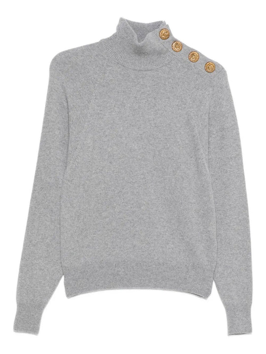 High-Collar Button-Detail Sweater