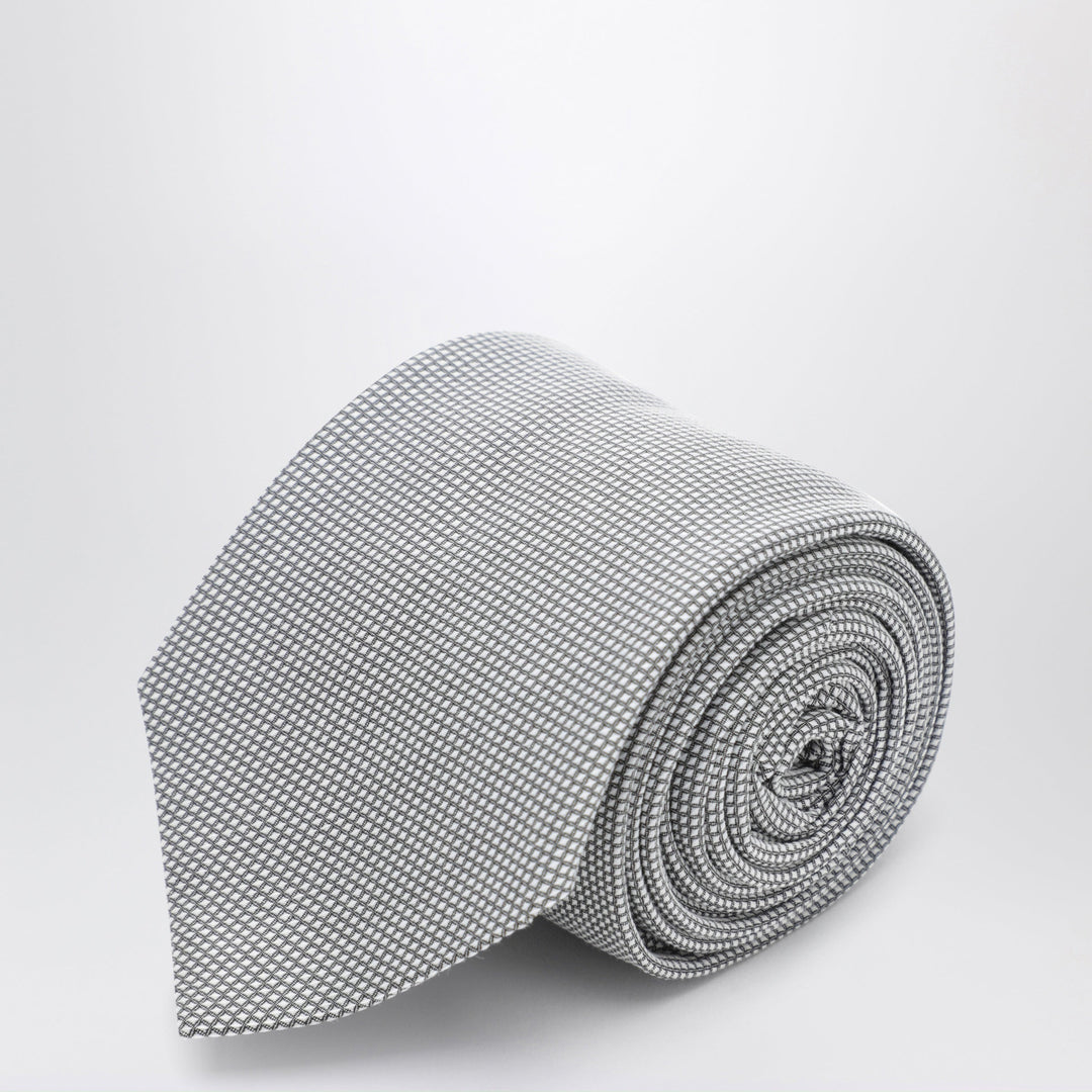 Ferragamo Pearl Grey Silk Tie With Micro-Check Pattern