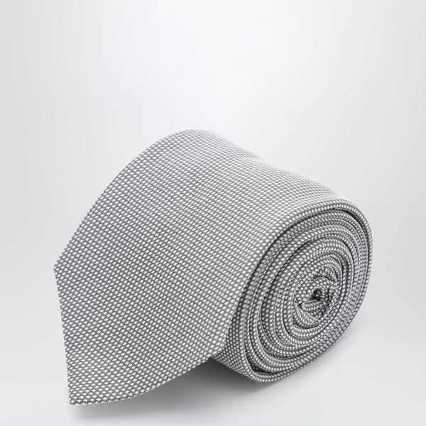 Pearl Grey Silk Tie With Micro-Check Pattern