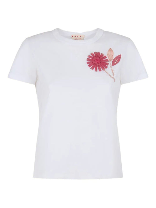 Organic Cotton T-Shirt With Embroidered Camellia
