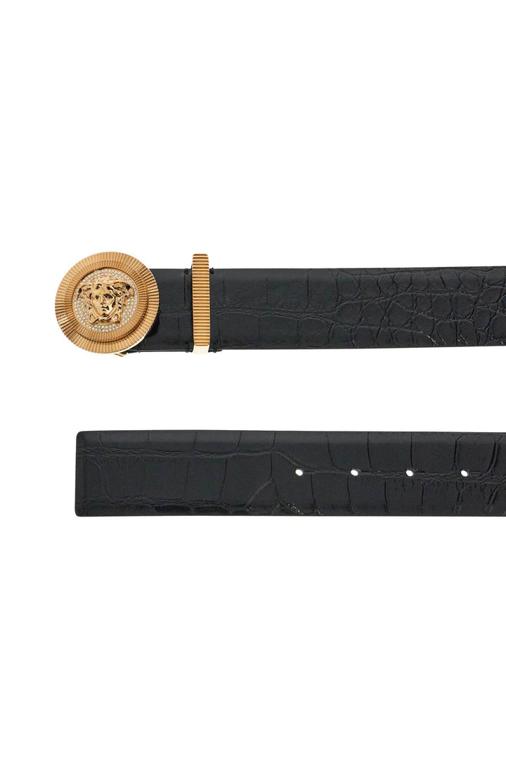 Black Embossed Crocodile Calfskin Belt With Rhinestones 40mm