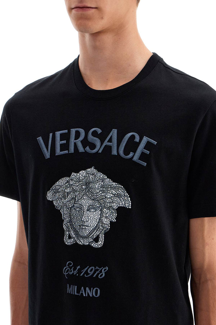 T Shirt Con Ricamo Medusa Milano E Cristalli