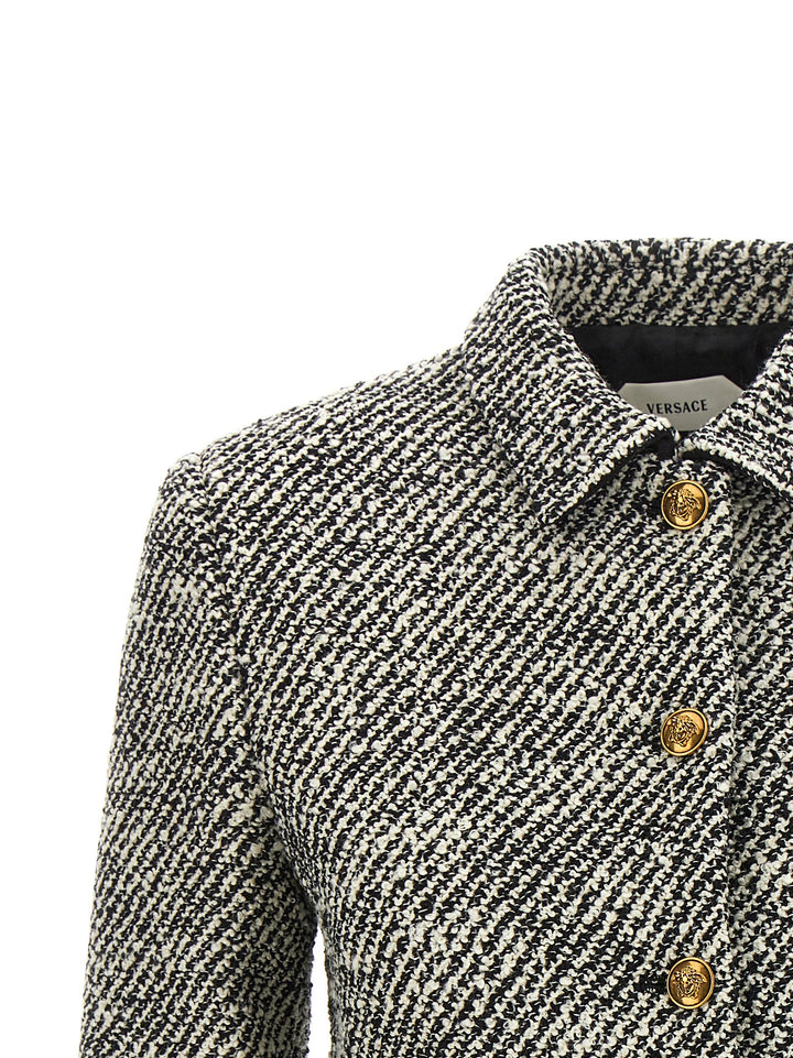 Versace Bouclé Wool Blend Blouson Jacket BlazerS - White/Black | 19d38815dc44ef0b04458005a6d29d42562eb115