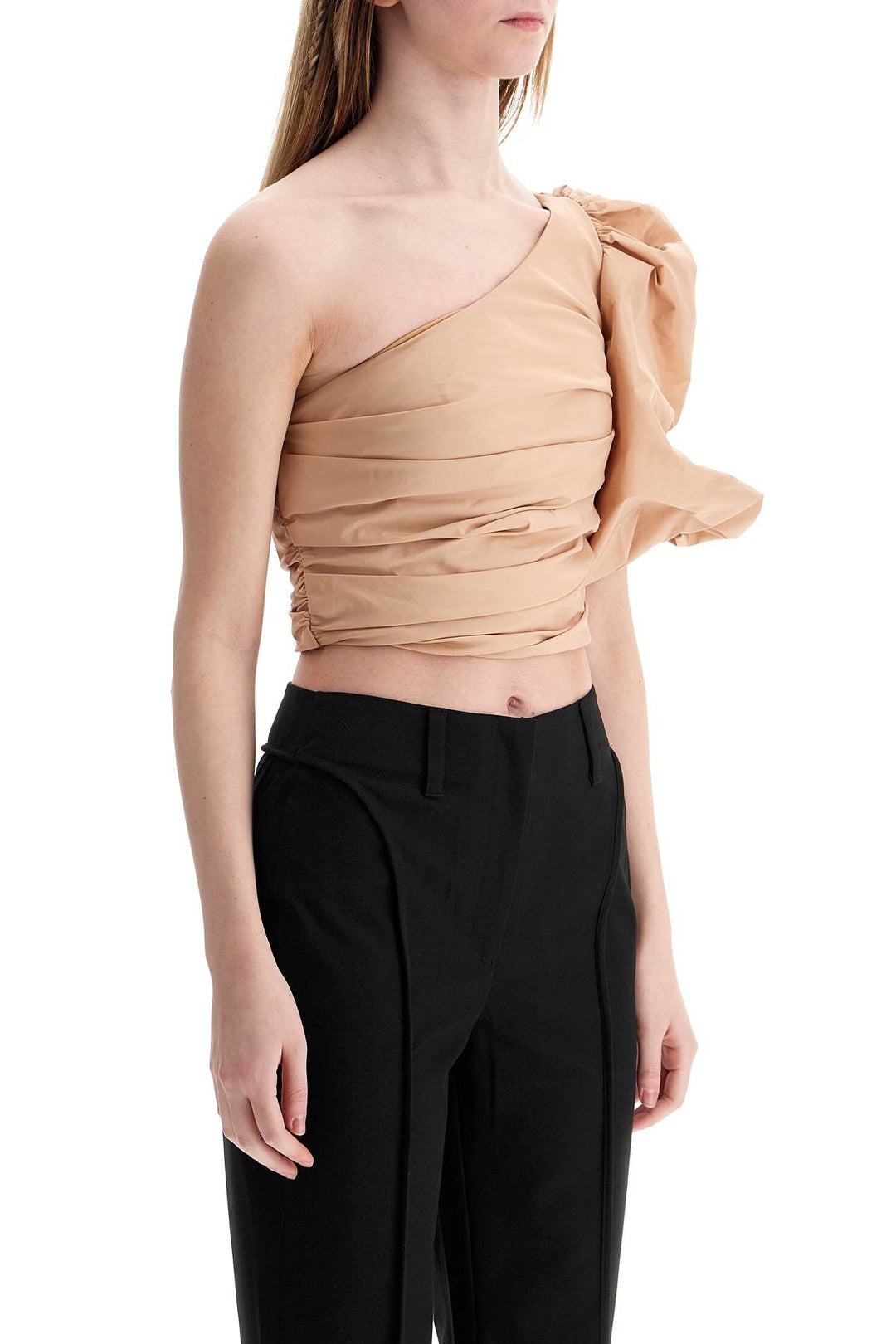 Asymmetrical One Shoulder Taffeta Top In Cameo Pink