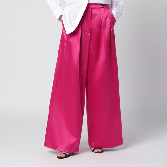 Wide Pleated Fuchsia Satin Trousers