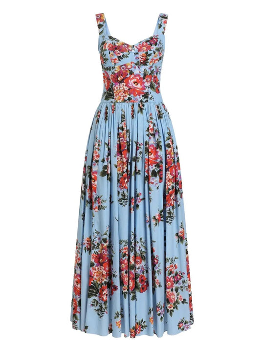 Flower Bouquet-Print Cotton Long Dress