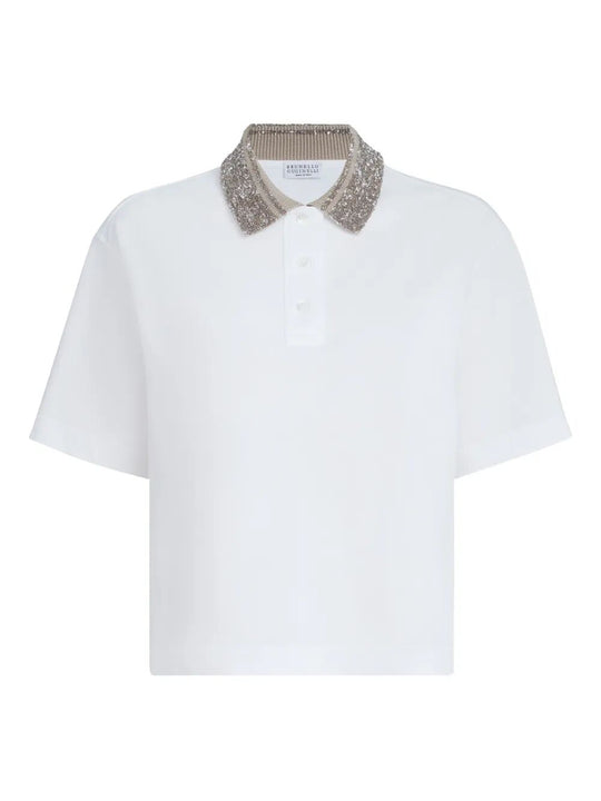 Cotton Jersey Polo Shirt With Dazzling Knit Collar