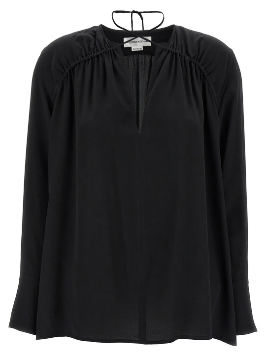 Gather Detail Tie Shirt And Blouse Black