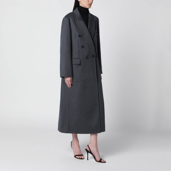 Double-Breasted Coat In Grey Mélange Wool And Cashmere